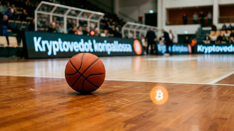 Koripallokentta ja bitcoin-symboli yhdistettyna urheiluvedonlyontiin