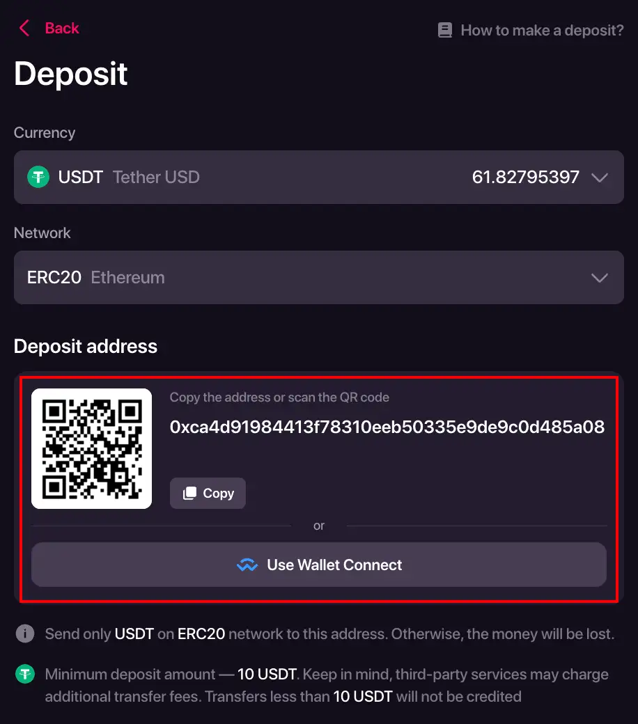 CHEXXin talletusikkunan kryptovara, verkko ja talletusosoitteen kenttä