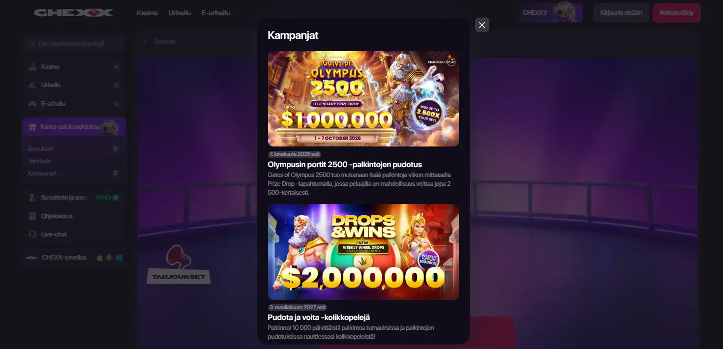 CHEXXin tervetuliaispaketin kolme talletustasoa ja ilmaiskierrosten määrät