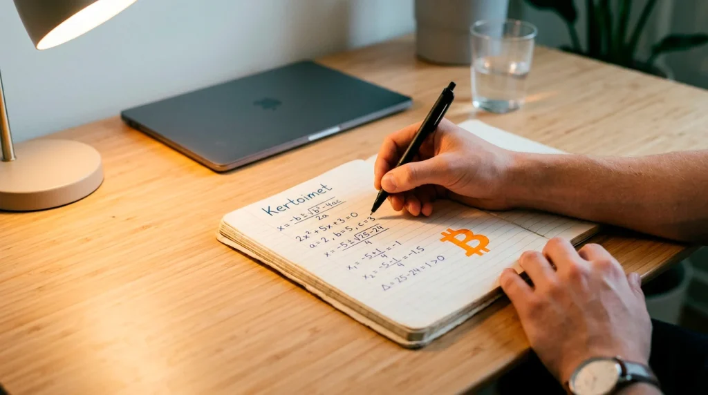 Vedonlyöntikertoimet näytöllä ja bitcoin-symboli voitonlaskennassa