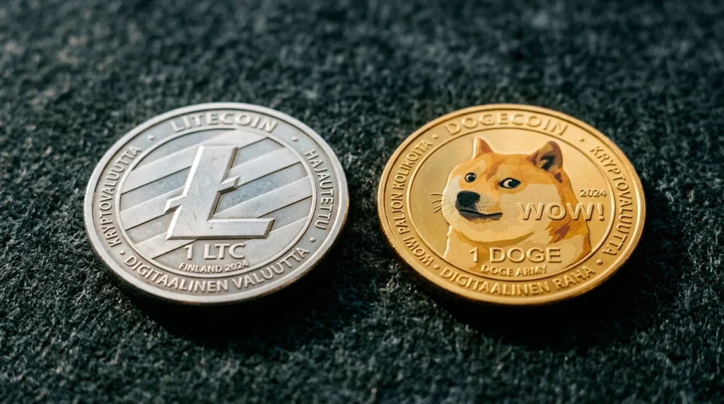 Litecoin- ja Dogecoin-kolikot vedonlyönnin kontekstissa