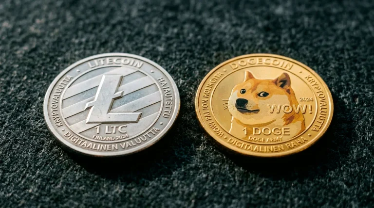 Litecoin- ja Dogecoin-kolikot vedonlyönnin kontekstissa