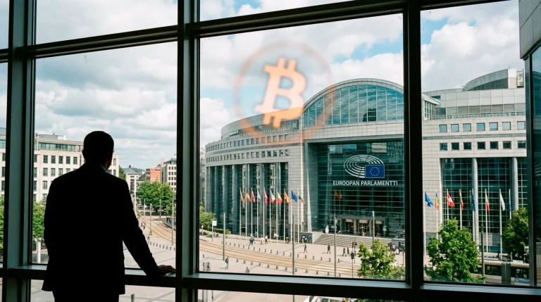 EU-lippu ja digitaalinen sääntely-symboli kryptovedonlyönnin kontekstissa